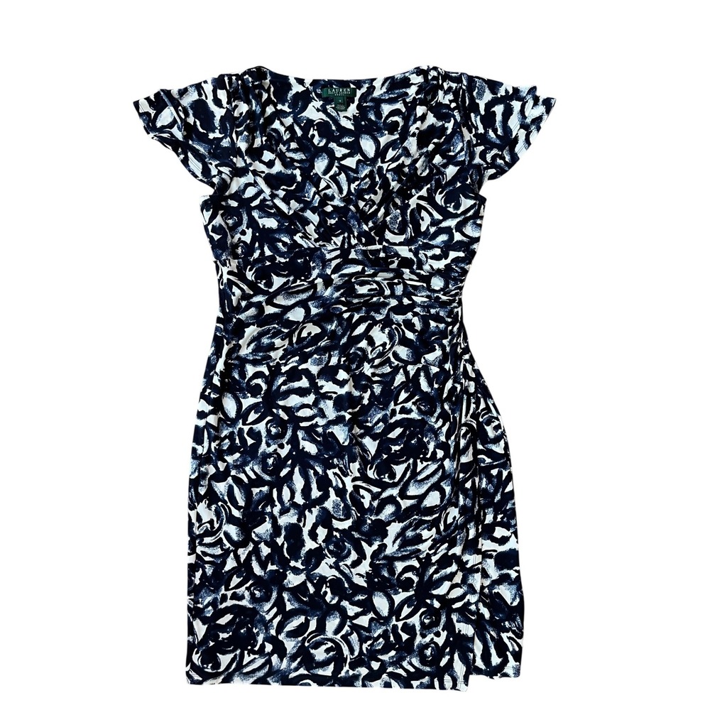 Lauren Woman's Dress flutter sleeve Ruched Sheath wrap‎ blue & white 16 v-neck